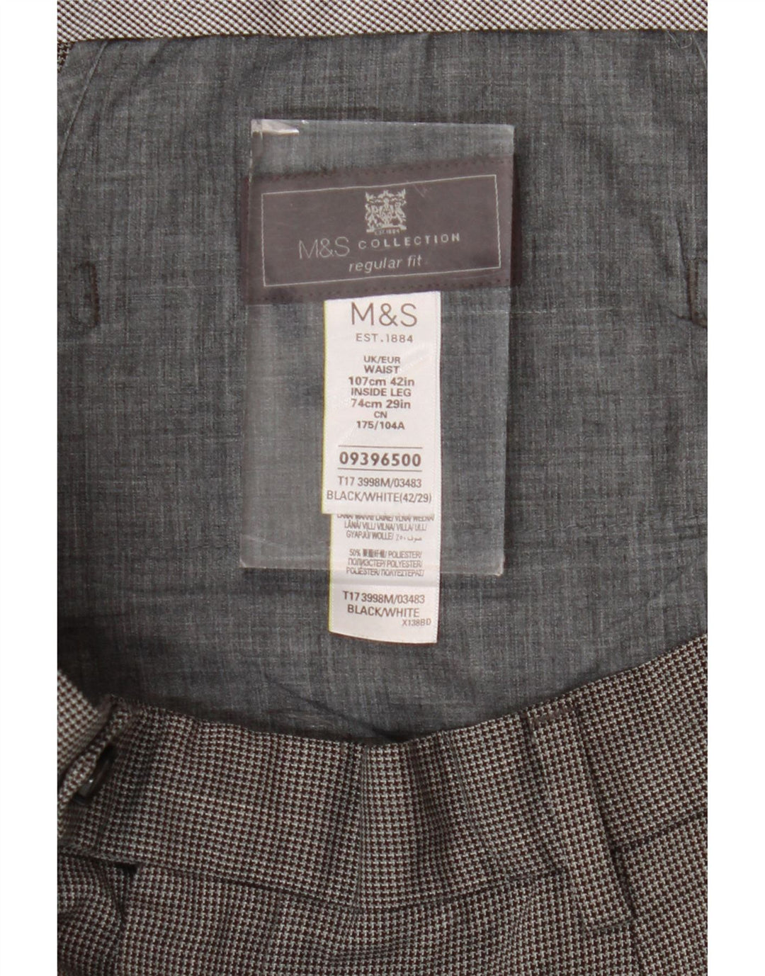 Marks & Spencer Pantalon de costume coupe classique pour homme W42 L29 pied-de-poule noir