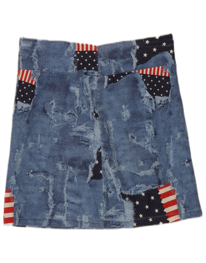 vintage Femmes En détresse Mini Jupe Moyenne W28 Bleu Patchwork Coton USA