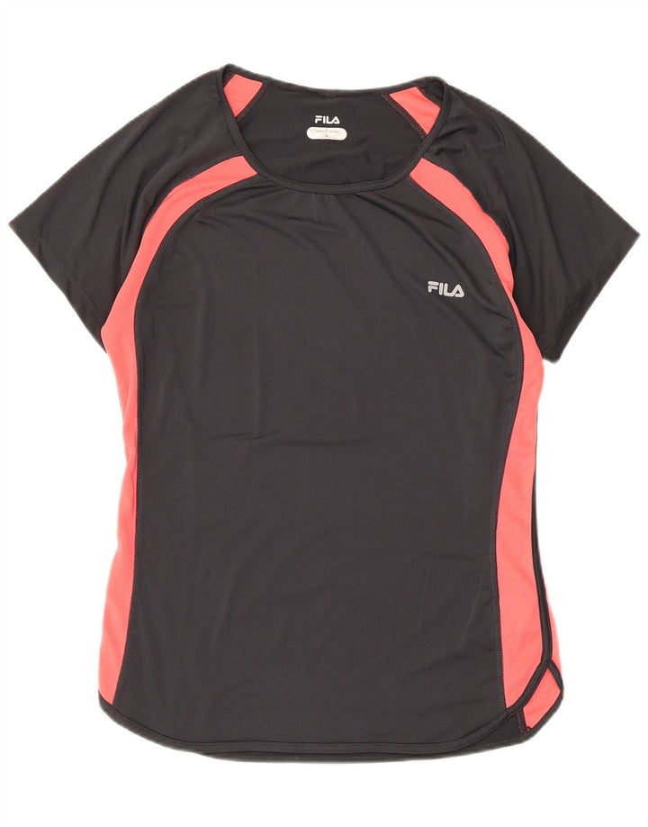 FILA T-Shirt Femme Top UK 14 Large Noir Colourblock Polyester