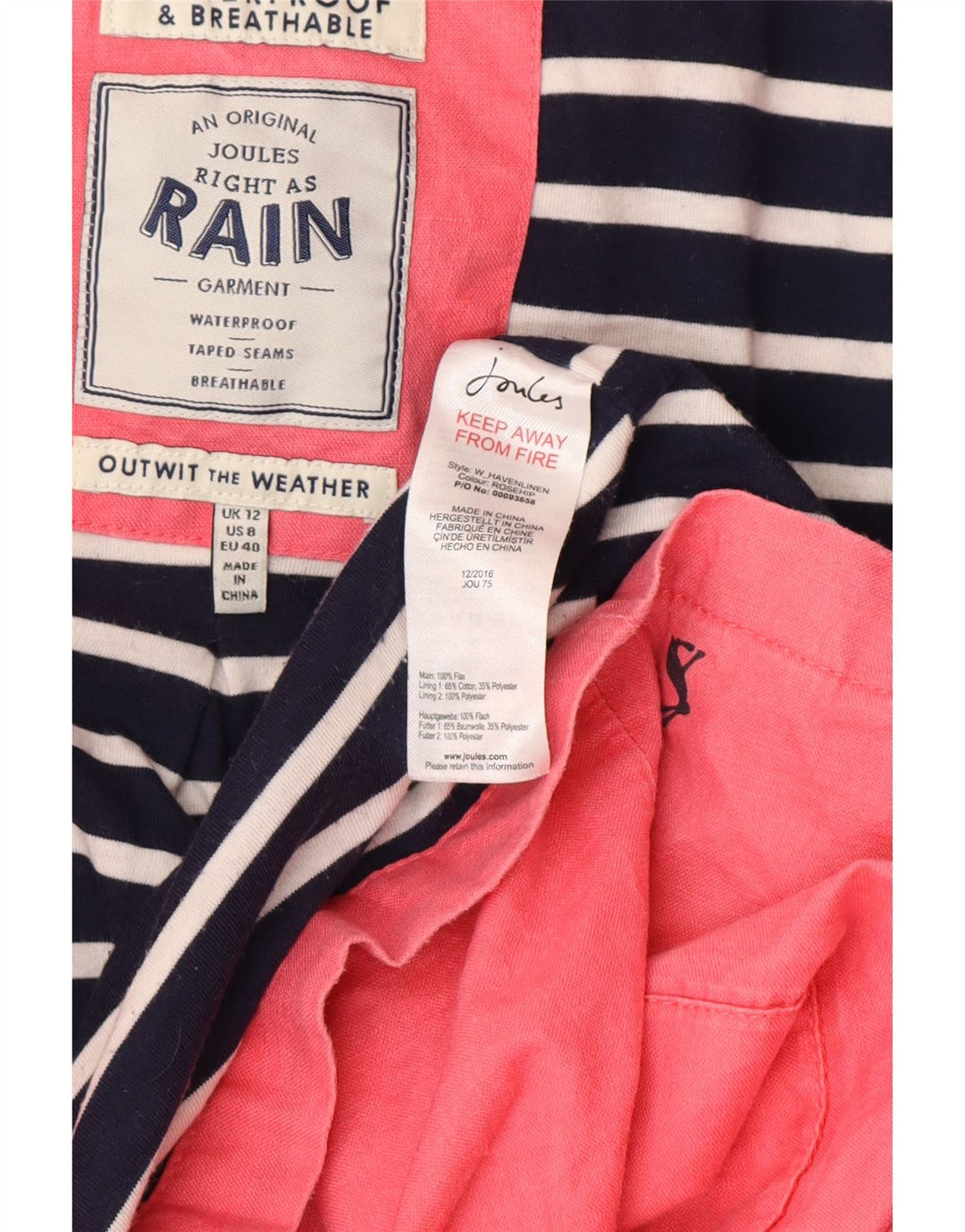 JOULES Imperméable à capuche pour femme UK 12 Lin rose moyen