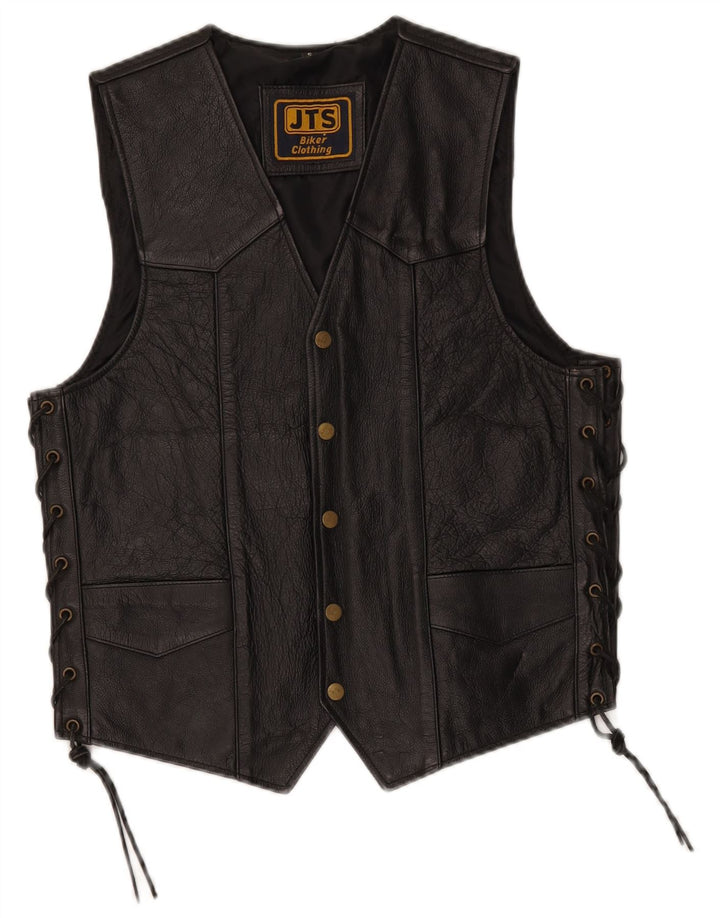 JTS Gilet de motard en cuir pour homme, petit, noir
