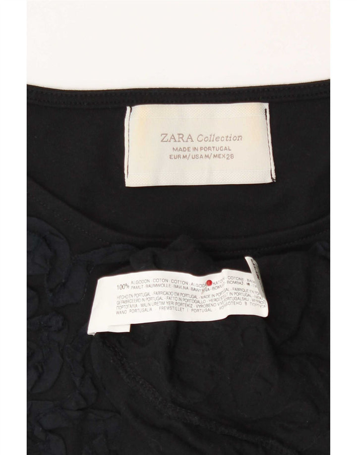 Zara Womens Abstract Pattern T-Shirt Top UK 12 Coton Noir Moyen