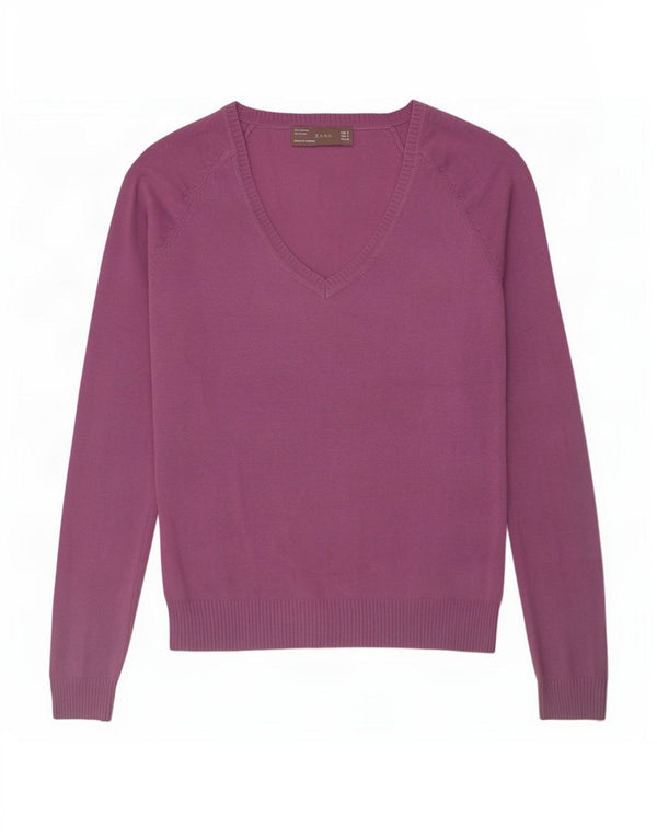 Zara Pull col V pour femme UK 10 Petit Violet Coton