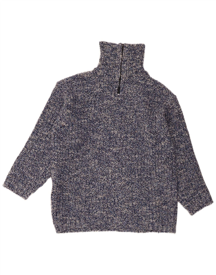 vintage Mens Zip Neck Jumper Pull Grande Laine Mouchetée Bleue