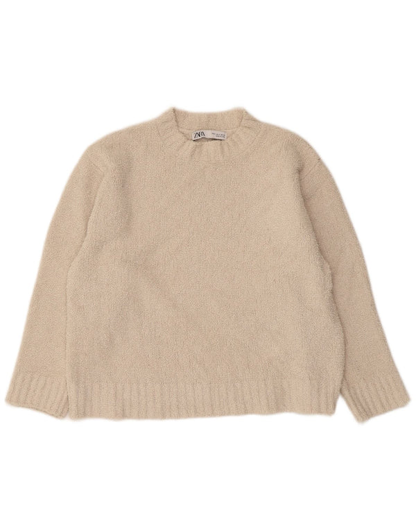 Zara Pull court surdimensionné à col rond pour femme UK 10 Petit Beige
