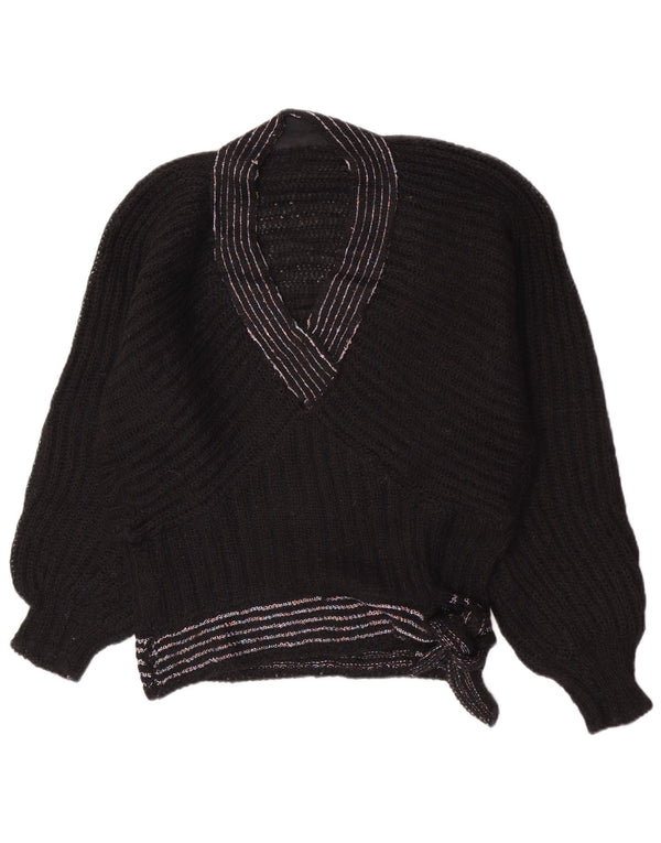 vintage Femmes V-Col Jumper Pull UK 14 Moyen Noir Rayé Rétro