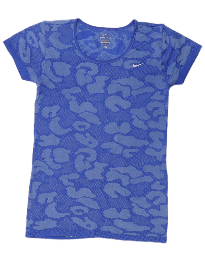 NIKE Womens Dri Fit T-Shirt Top UK 10 Petit Bleu Camouflage