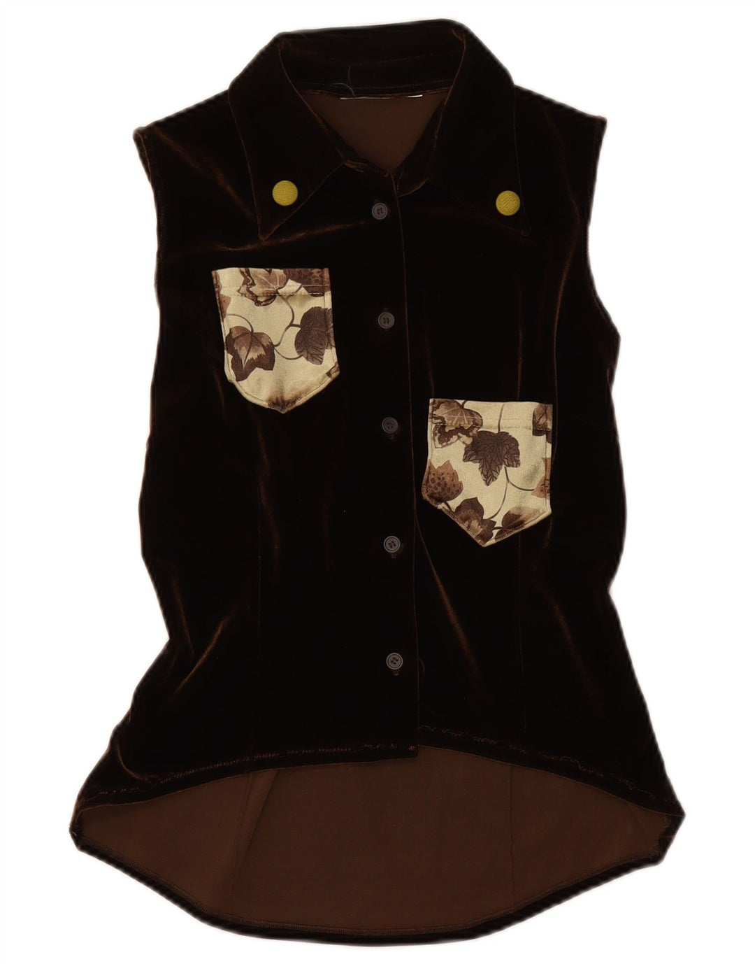 VINTAGE Femme Velours Chemise sans manches Blouse UK 12 Medium Brown Floral