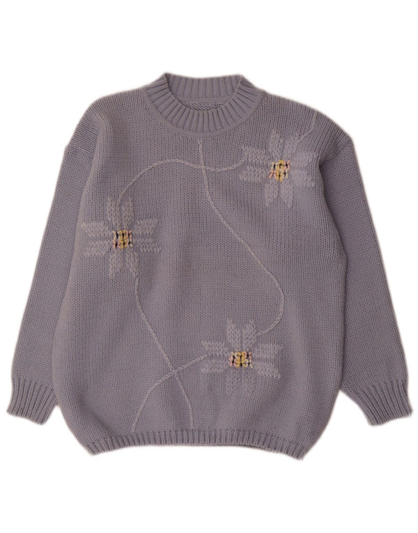 vintage Femme Turtle Neck Jumper Pull UK 14 Laine Florale Bleu Moyen