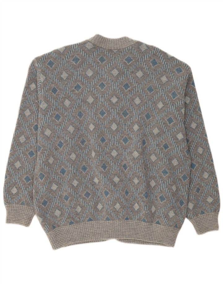 vintage Mens Cardigan Pull XL Gris Géométrique