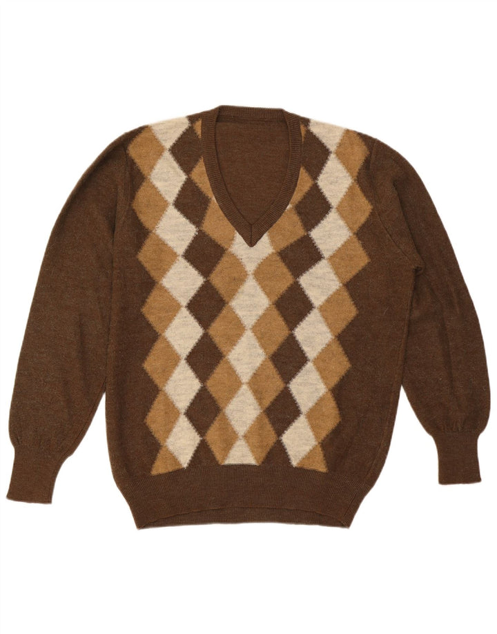vintage Mens V-Col Jumper Pull Grand Marron Argyle/Diamant