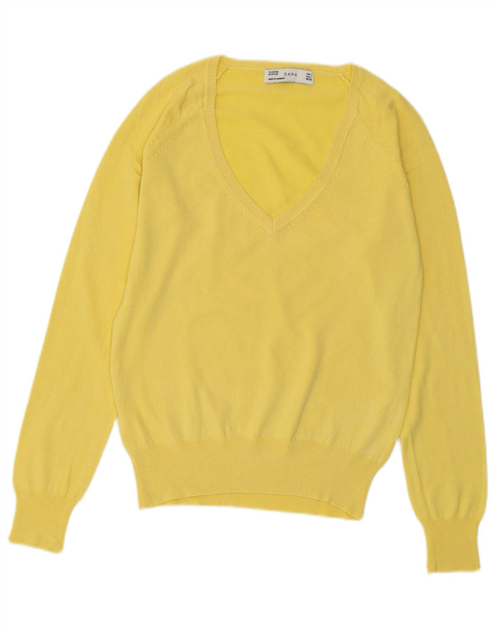 ZARA Pull col en V pour femme UK 14 Large Jaune Coton