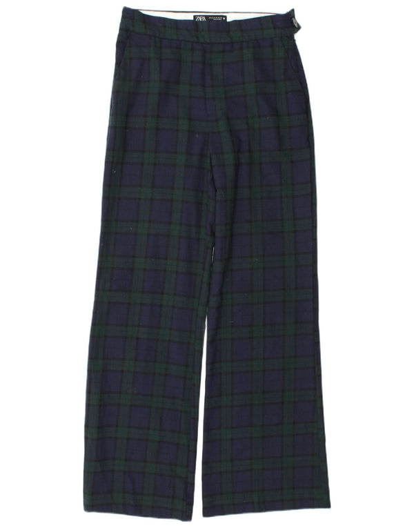 Zara Pantalon Chino Large Femme XS W24 L30 Bleu Marine À Carreaux Polyester
