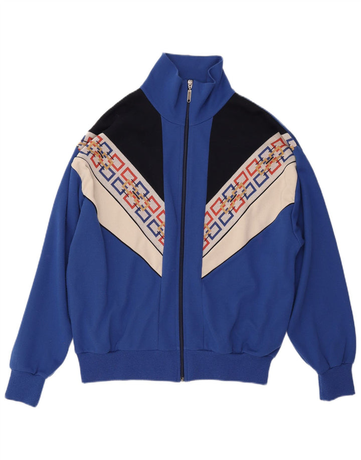 VINTAGE Femme Survêtement Top Veste UK 18 XL Bleu Colorblock Acrylique