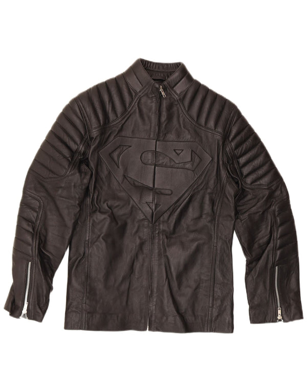 vintage Mens Superman Graphic Moto Racer Jacket UK 40 Grand Biker Noir