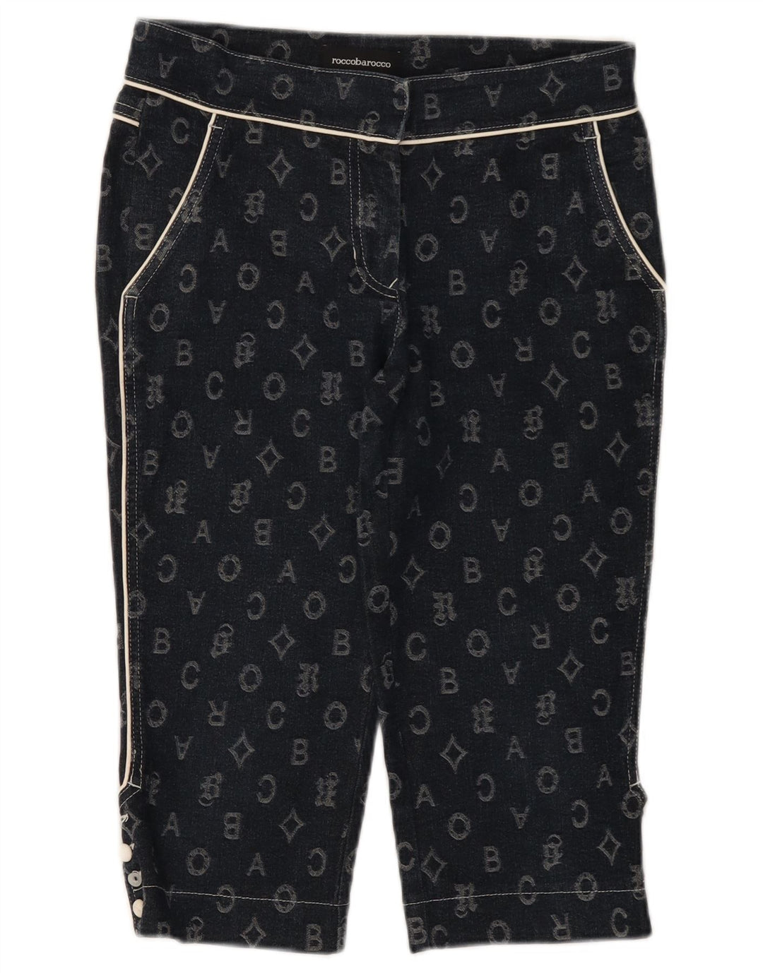 Roccobarocco Pantalon Capri Femme IT 42 Medium W28 L17 Bleu Marine Géométrique