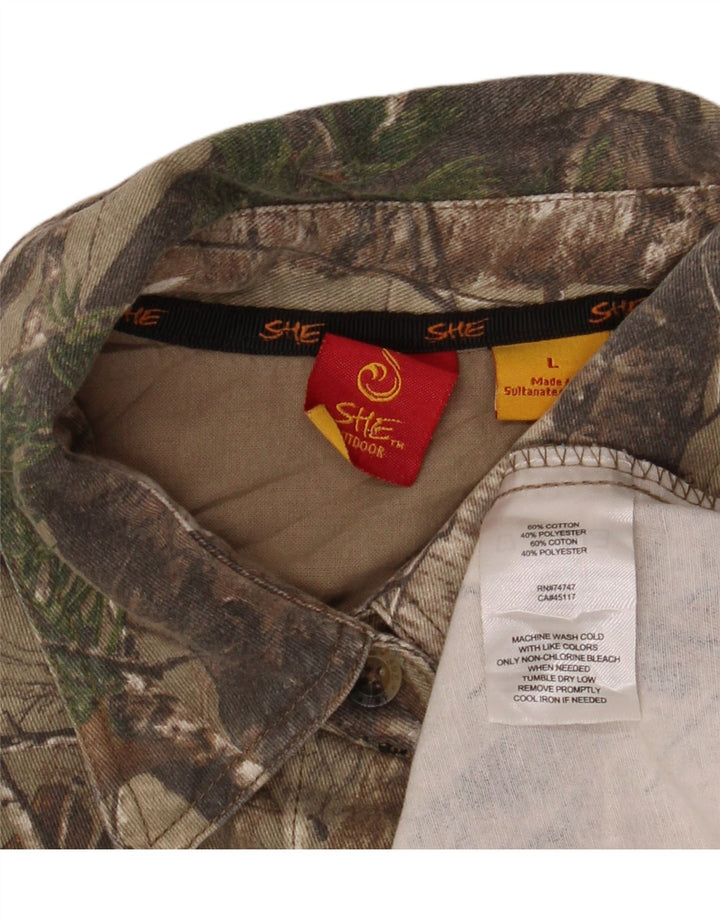 VINTAGE Chemise à motif abstrait femme UK 16 Grand coton colorblock kaki