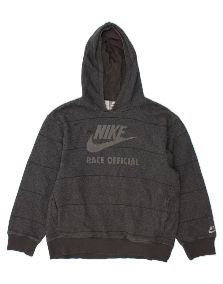NIKE Boys Graphic Hoodie Jumper 10-11 Years Medium Grey Striped Vintage Nike and Second-Hand Nike from Messina Hembry 