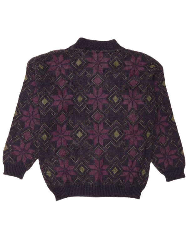 vintage Womens Turtle Neck Jumper Sweater UK 16 Grande laine florale violette