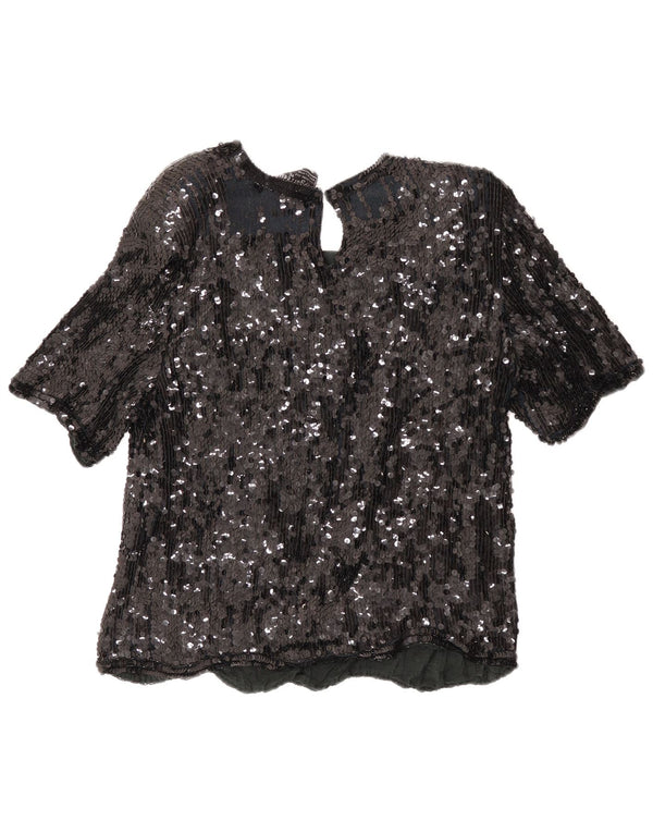 vintage Femmes Soirée Crop Sequin Blouse Top UK 18 XL Noir Floral Soie