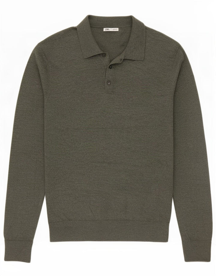 Zara Pull Col Polo Homme Kaki Moyen