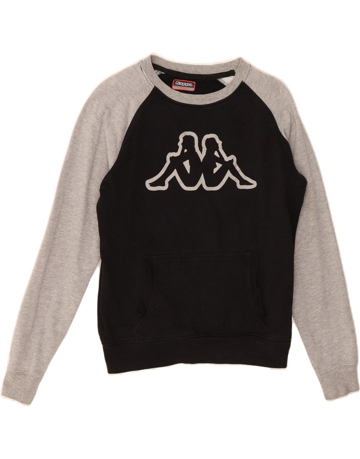 KAPPA Womens Graphic Sweatshirt Jumper UK 10 Small Black Colourblock Vintage Kappa and Second-Hand Kappa from Messina Hembry 