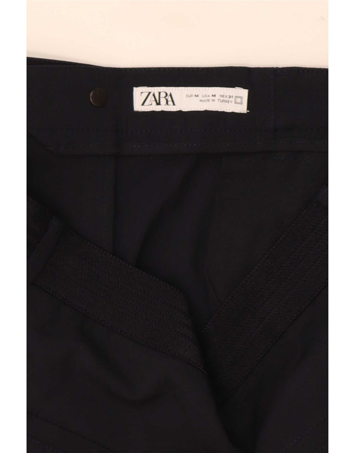 Zara Pantalon De Costume Droit Femme Moyen W30 L30 Bleu Marine Polyester