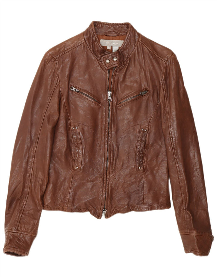 Zara Veste de motard en cuir pour femme UK 12 Marron moyen