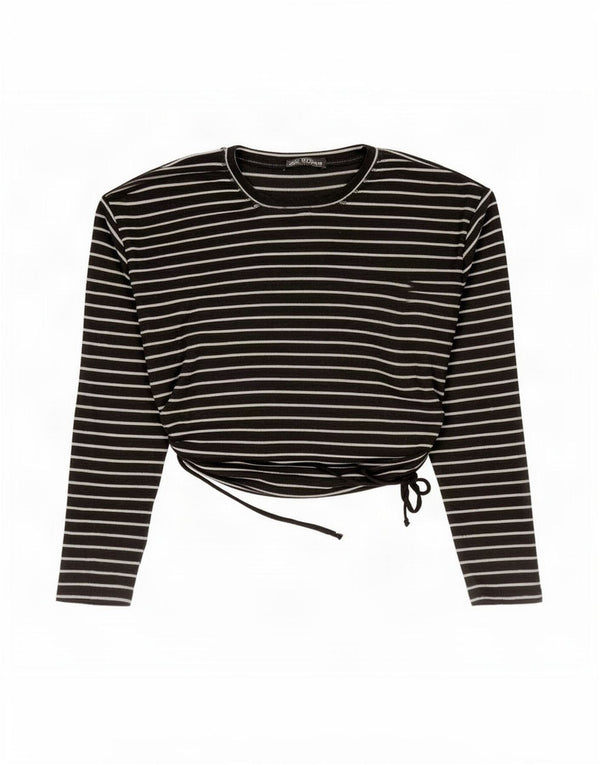 Zara Femme Crop Top Manches Longues UK 44 Medium Noir Rayé Polyester