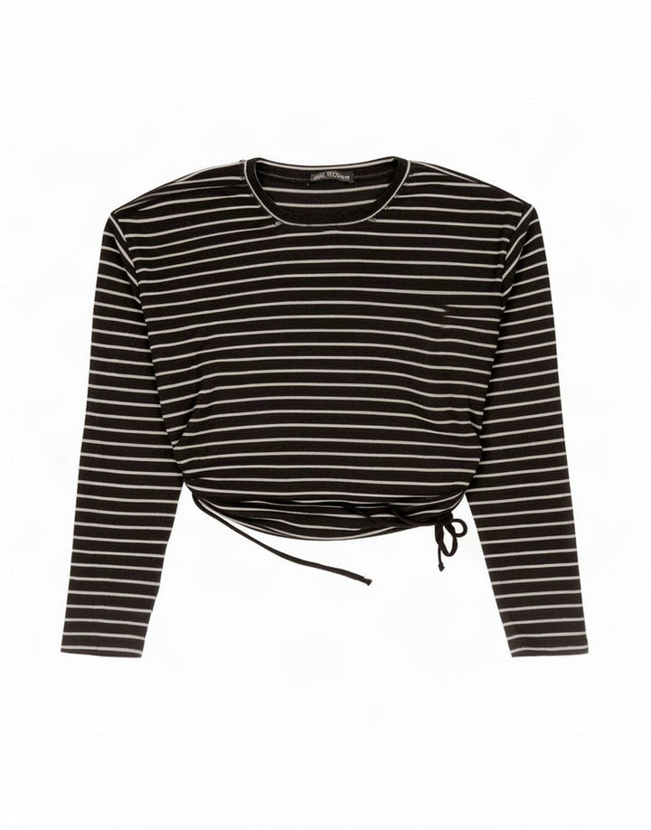 Zara Femme Crop Top Manches Longues UK 44 Medium Noir Rayé Polyester