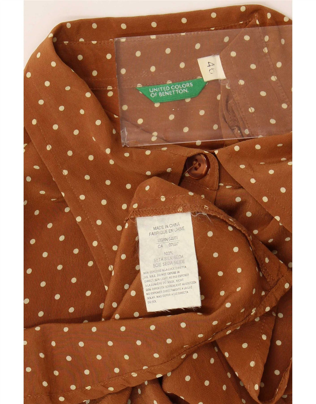 Benetton Femme Chemisier IT 46 Large Marron Taché De Soie