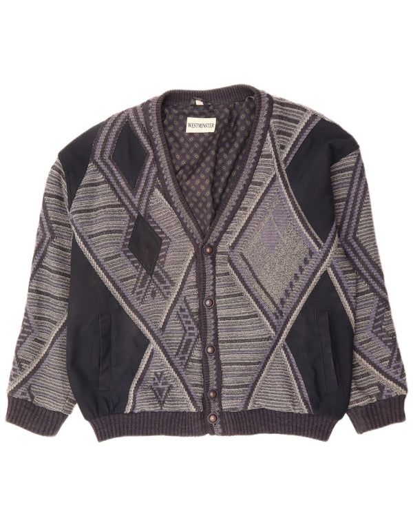 VINTAGE Homme Cardigan Pull XL Gris Géométrique Acrylique