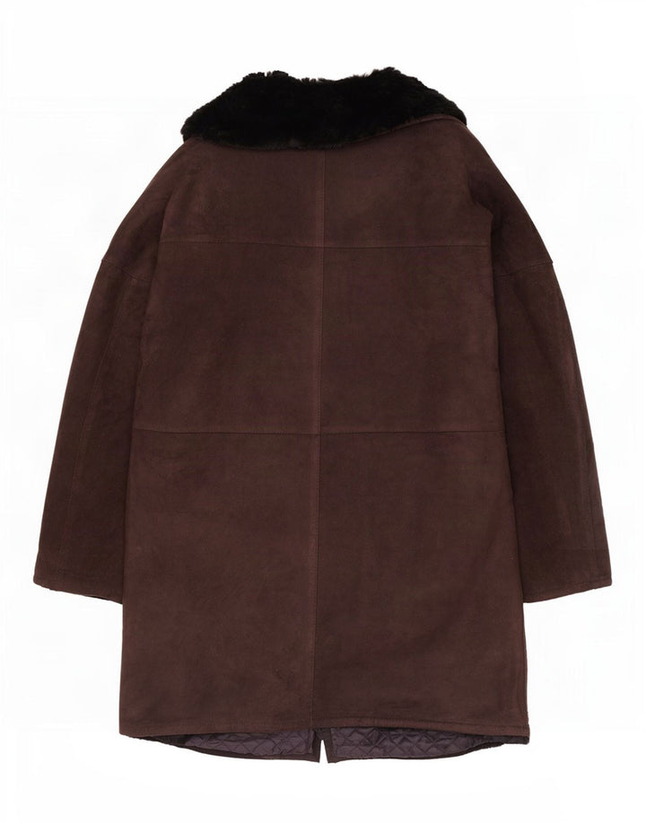 vintage Femme Veste Shearling Ouverte UK 12 Brun Moyen