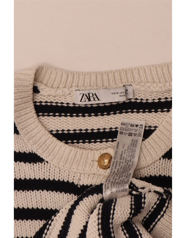 ZARA Femme Cardigan surdimensionné Pull UK 14 Moyen Blanc Rayé
