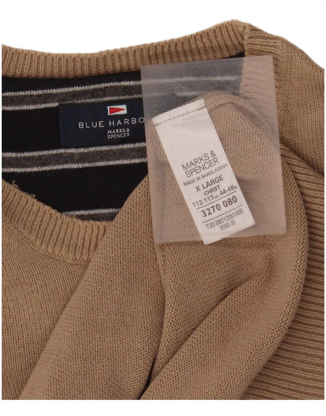 MARKS & SPENCER Pull Col Rond Bleu Harbour Homme XL Coton Beige