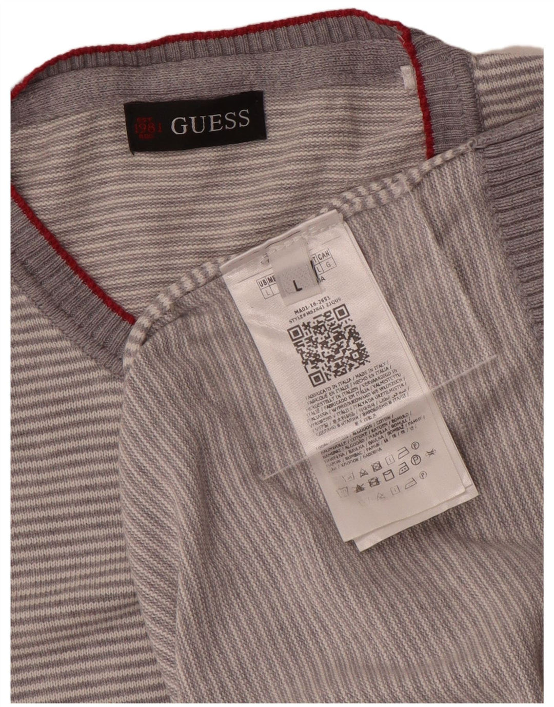 Guess Pull à col rond pour homme en coton rayé gris Large