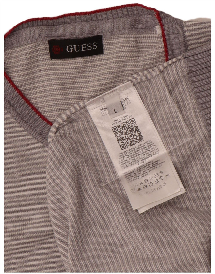 Guess Pull à col rond pour homme en coton rayé gris Large