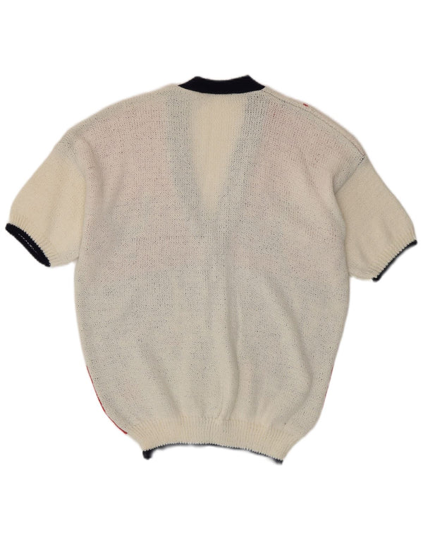 VINTAGE Femmes Manches Courtes Cardigan Pull UK 14 Grand Colorblock Blanc