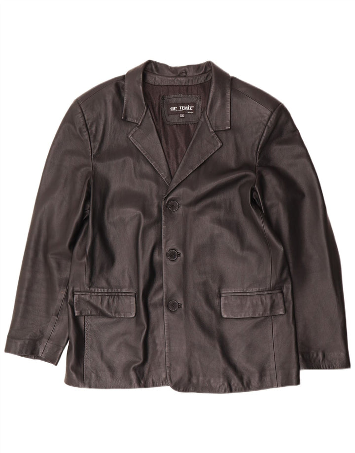 vintage Homme 3 Boutons Veste Blazer En Cuir UK 44 2XL Cuir Noir