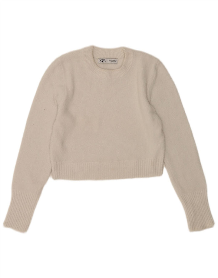 Zara Pull court à col rond pour femme UK 12 Blanc moyen