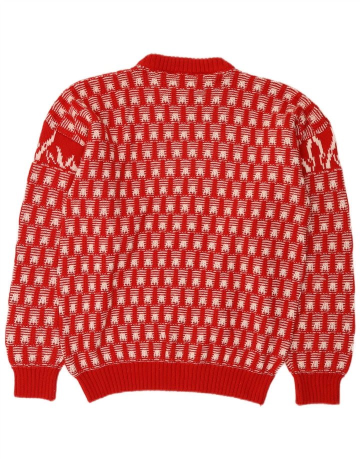 vintage Mens Crew Neck Jumper Pull Moyen Rouge Fair Isle Nouveauté