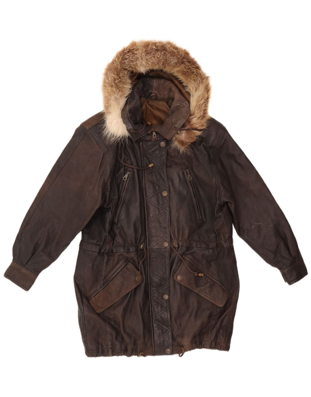 VINTAGE Manteau en cuir à capuche femme EU 38 Cuir marron moyen