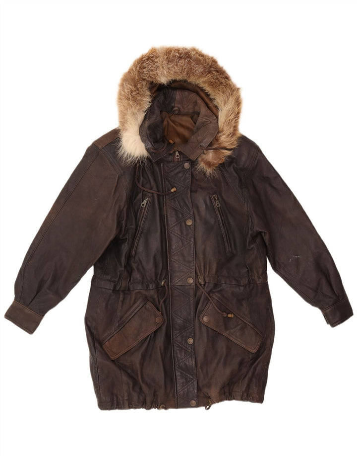 VINTAGE Manteau en cuir à capuche femme EU 38 Cuir marron moyen