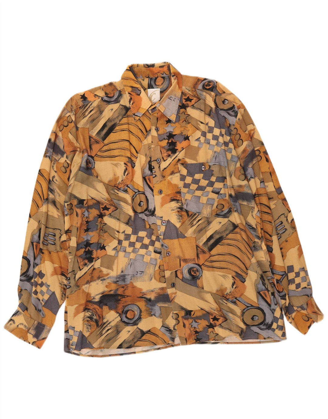 VINTAGE Chemise à motif abstrait pour homme Taille 41/42 Grande Viscose Brune