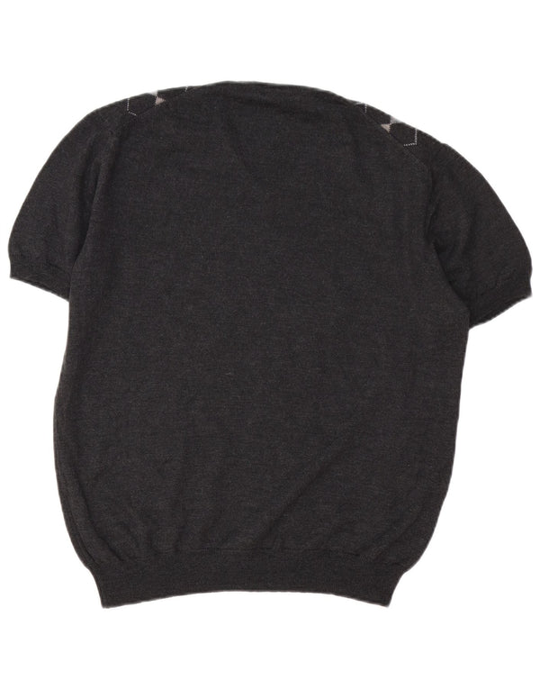 VINTAGE Pull col V femme UK 16 Grand Gris Argyle/Diamant