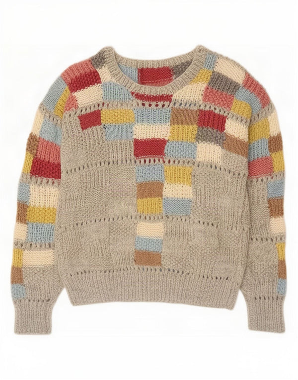 vintage Womens Boat Neck Jumper Sweater UK 16 Grand Gris Géométrique