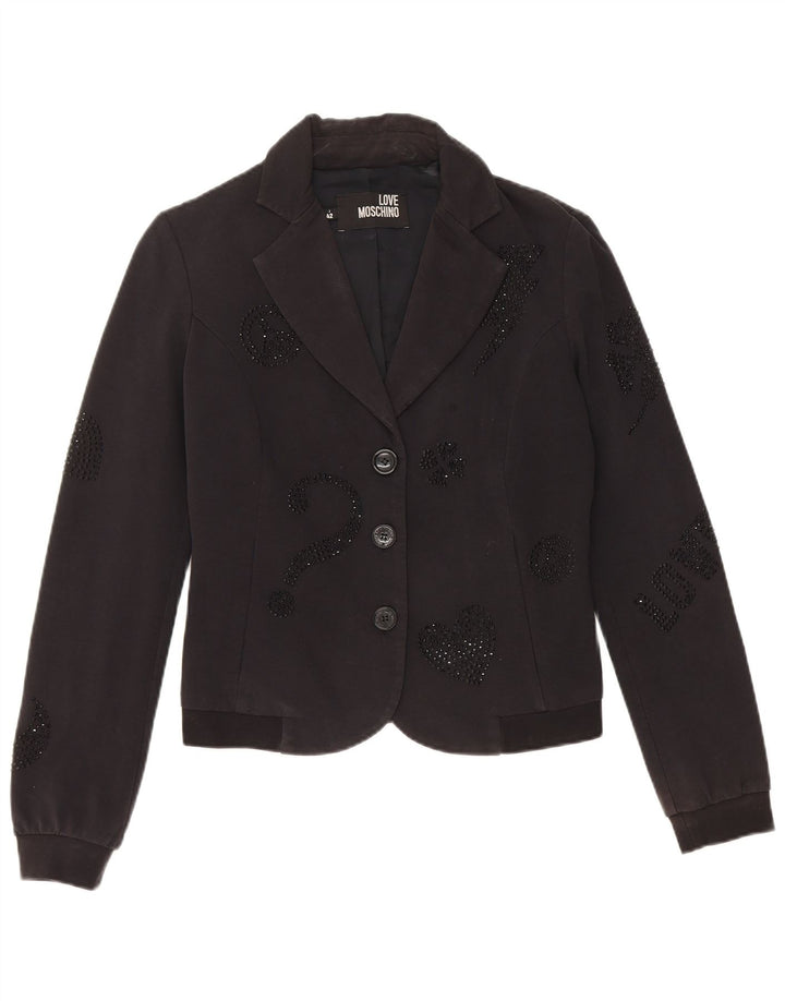 Moschino Femme Crop Graphic 3 Bouton Blazer Veste UK 10 Petit Noir