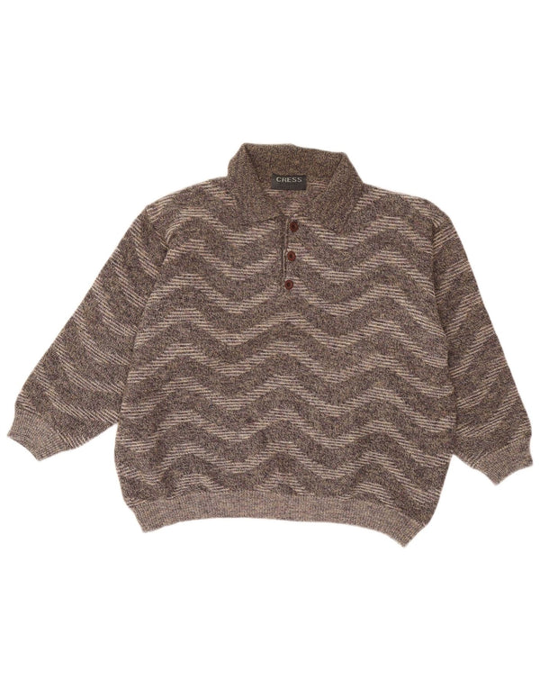 vintage Mens Polo Neck Jumper Pull UK 18 XL Gris Chevron