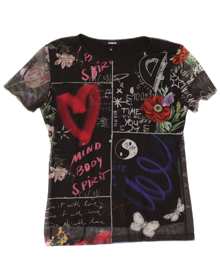 Desigual Femme Graphic T-Shirt Top UK 12 Medium Noir Floral Polyester