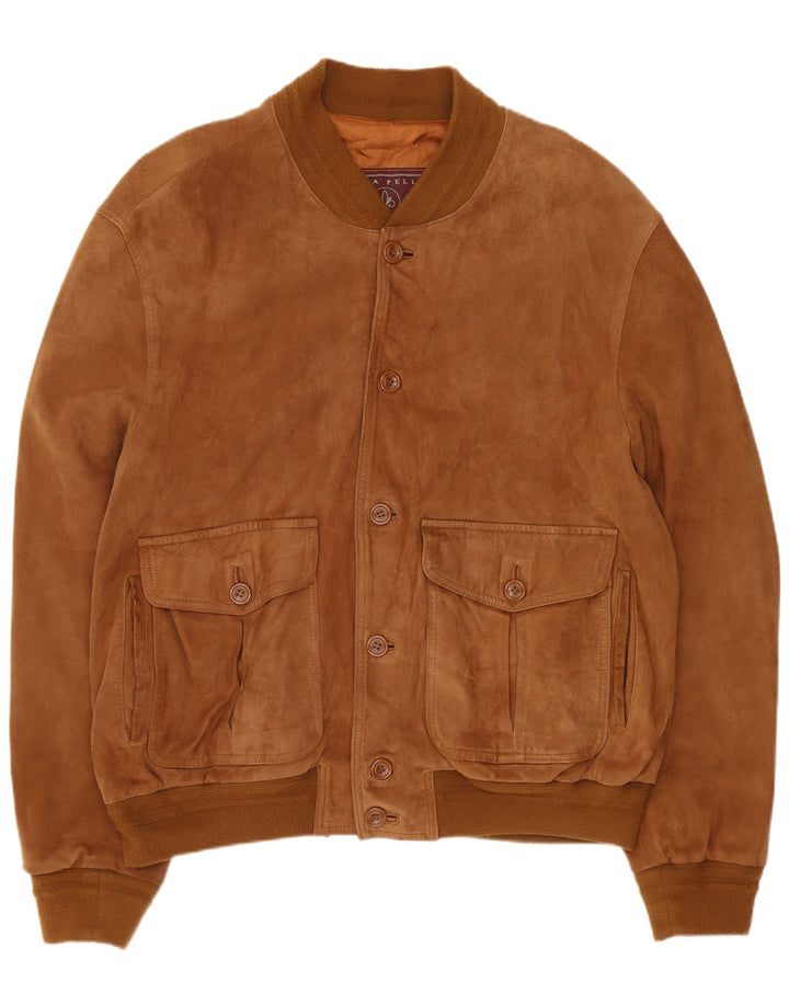 vintage Mens Suede Bomber Jacket IT 54 2XL Cuir Marron